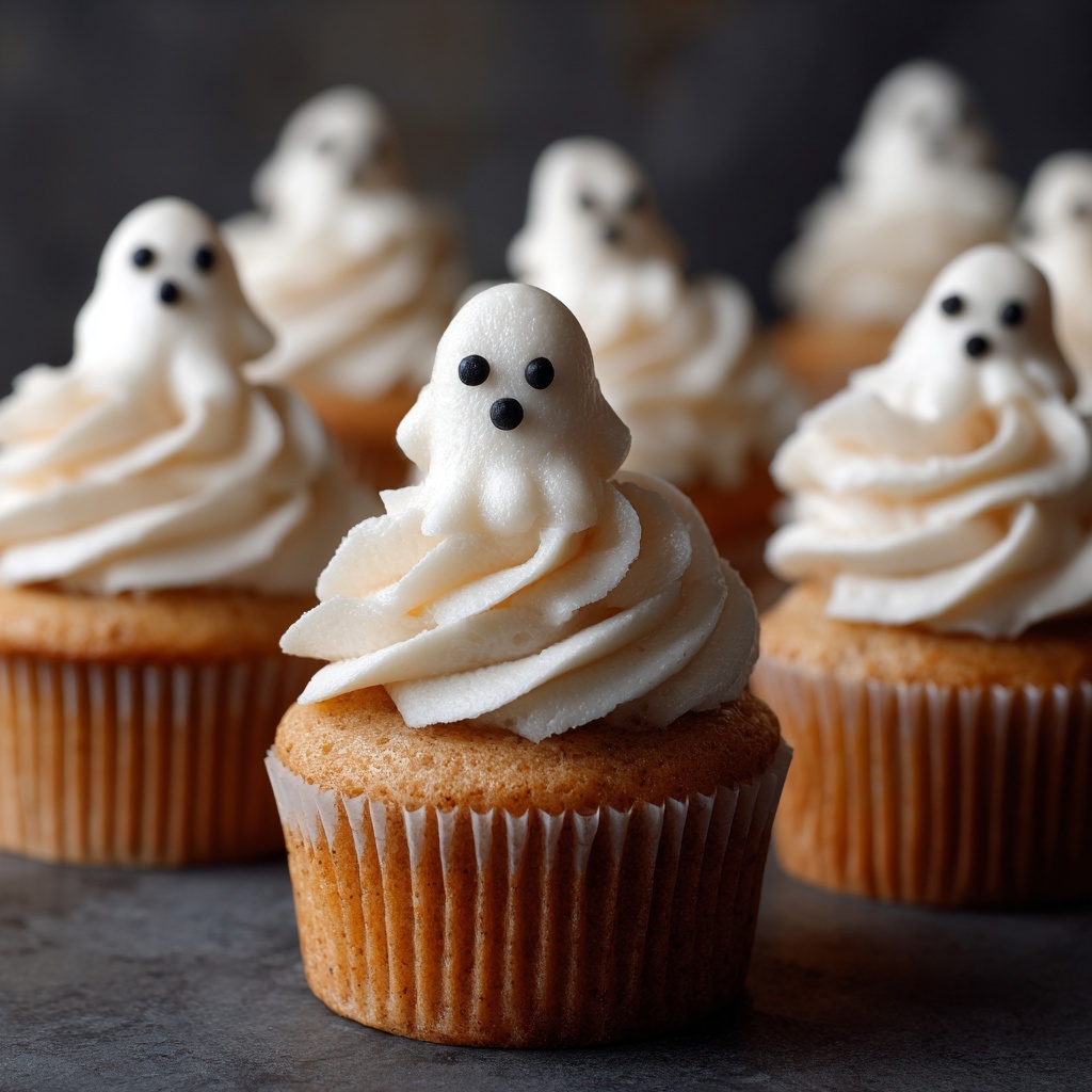 Ghostly Vanilla Cupcakes with Edible Glitter and Mini Chocolate Chip Eyes Recipe - Recipe Image