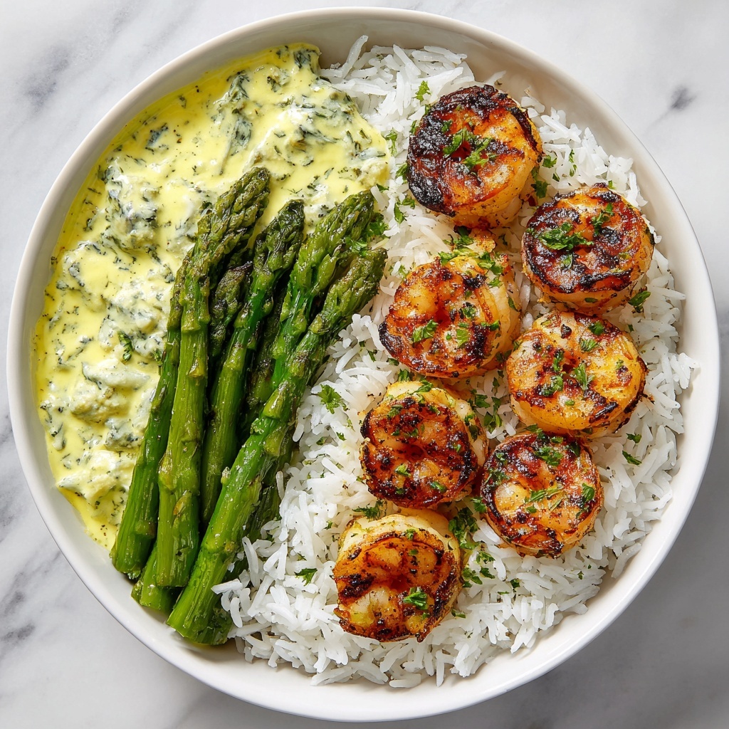 Grilled Shrimp with Asparagus in Creamy Garlic Sauce Recipe - Recipe Image