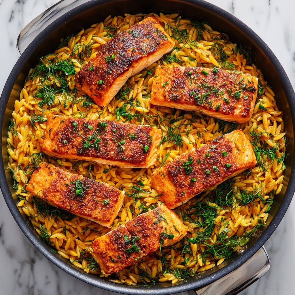 One Skillet Salmon with Lemon Orzo Recipe - Recipe Image