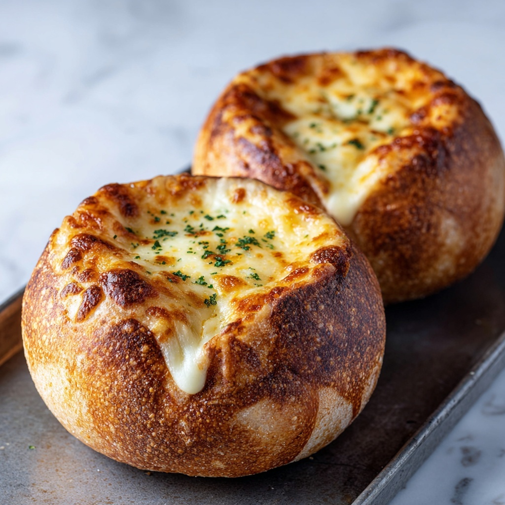 Creamy French Onion Soup Baked in Bread Bowls Recipe - Recipe Image