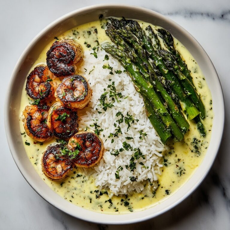 Grilled Shrimp with Asparagus in Creamy Garlic Sauce Recipe