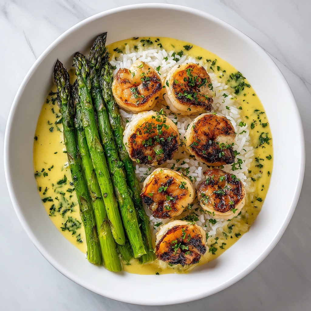 Grilled Shrimp with Asparagus in Creamy Garlic Sauce Recipe - Recipe Image
